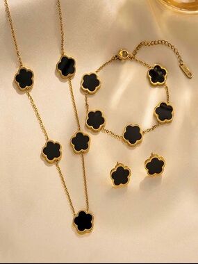 Gold & Black Clover Pendant Necklace, Bracelet and Stud Earring Set